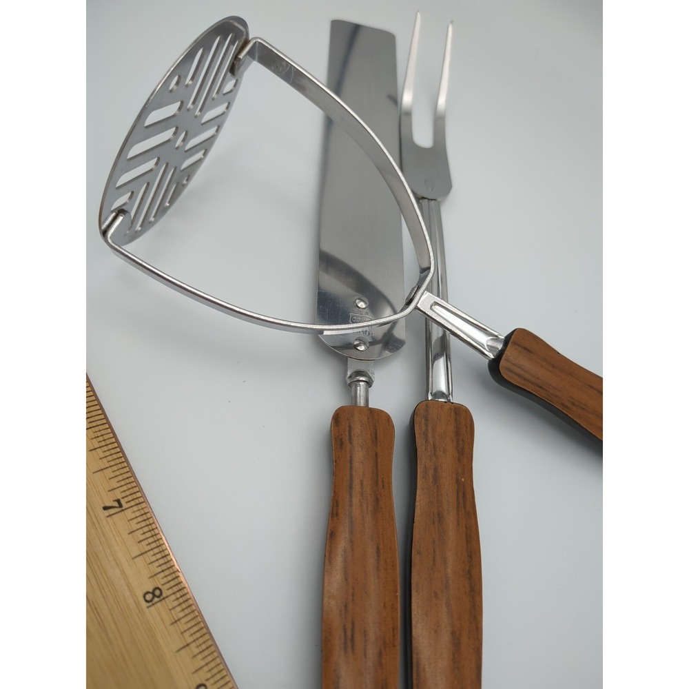 Vtg EKCO Stainless Cooking Utensils Woodgrain Faux Wood‎ Set of 3 Retro USA